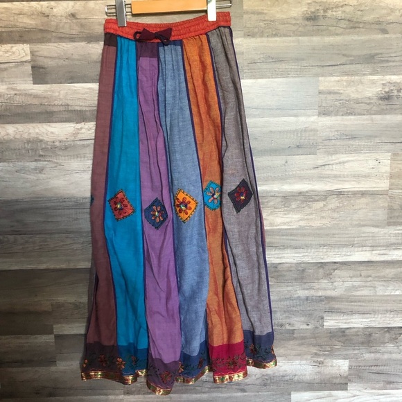 Boho Floral Patchwork Handmade Embroidered in Nepal Cotton  Maxi Skirt S-M - Picture 2 of 10